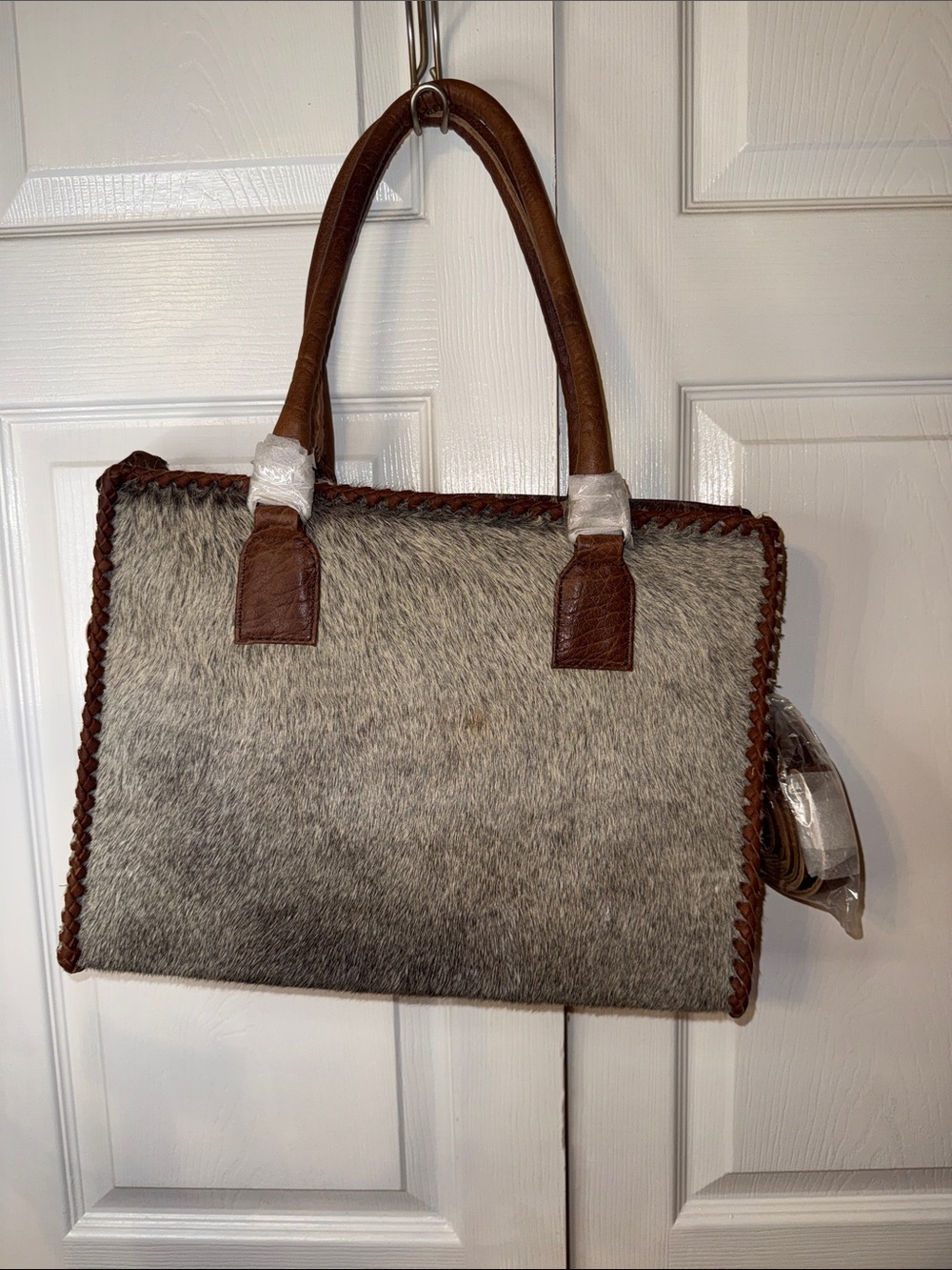 American Darling Brown Leather-Trim Gray Hair on Hide Tote Bag